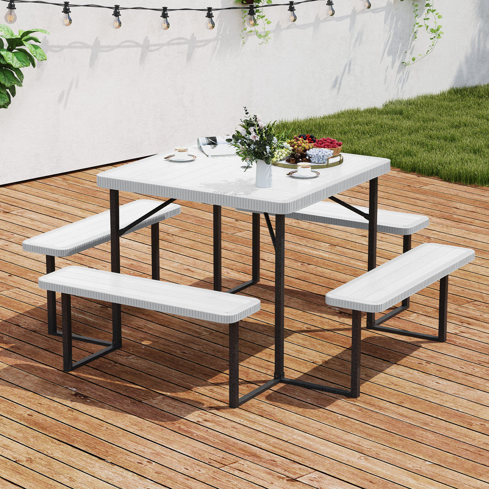 Outdoor Square Picnic Table Bench Set for 4-8 People with Umbrella Hole-White - Gallery View 1 of 11