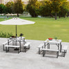 Outdoor square picnic table bench set with HDPE surfaces, accommodating 4-8 people, ideal for patios and gardens.