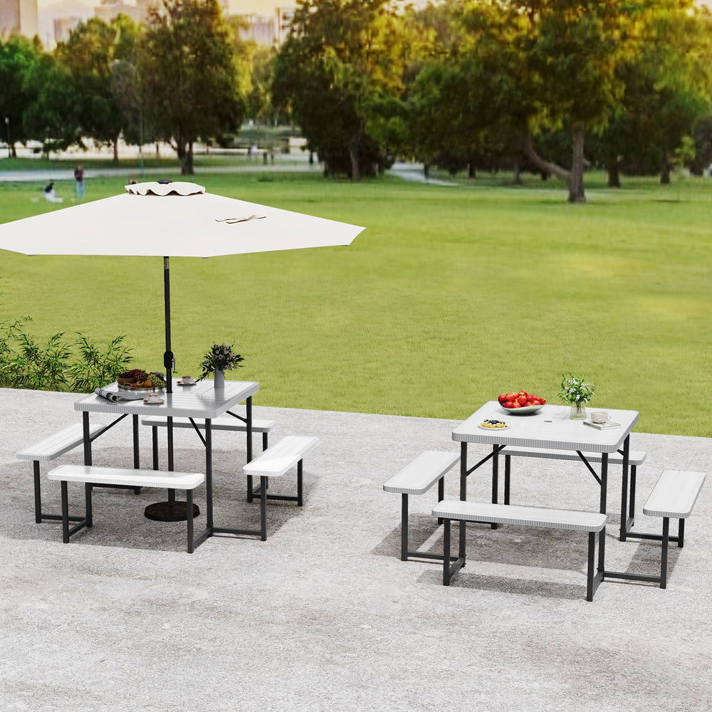 Outdoor square picnic table bench set with HDPE surfaces, accommodating 4-8 people, ideal for patios and gardens.