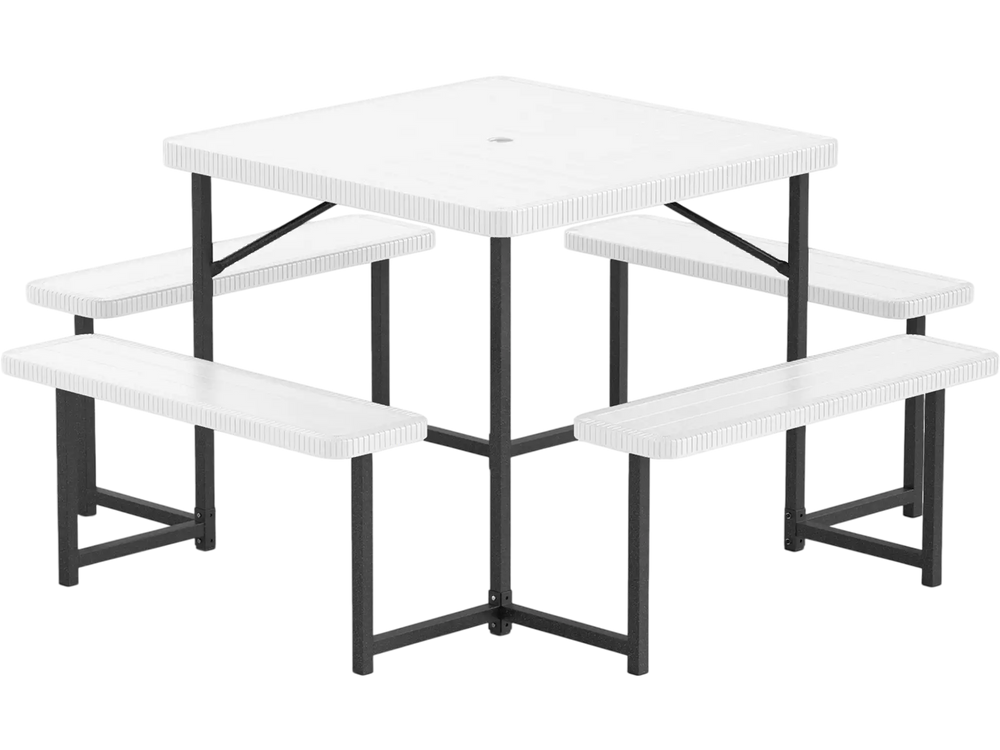 Outdoor square picnic table bench set for 4-8 people with HDPE surfaces and umbrella hole, ideal for patios and gardens.