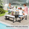 Square picnic table with 4 benches in white, made of HDPE, accommodates 4-8 people, ideal for outdoor gatherings.