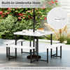 Outdoor square picnic table bench set for 4-8 people with white HDPE surface and built-in umbrella hole for shade.