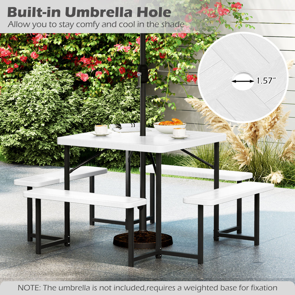 Outdoor square picnic table bench set for 4-8 people with white HDPE surface and built-in umbrella hole for shade.
