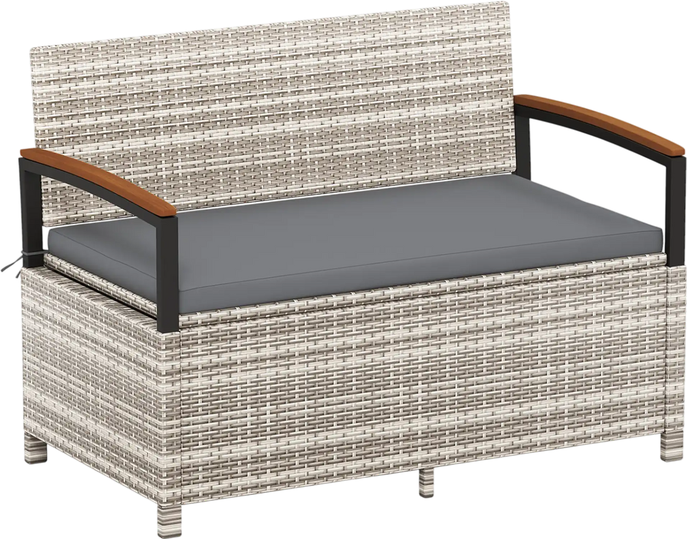Outdoor storage bench with gray cushion, made of anti-fading PE rattan and acacia wood armrests, perfect for patio use.