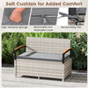 Outdoor storage bench with gray cushion, featuring PE rattan, acacia wood armrests, and waterproof liner for patio use.