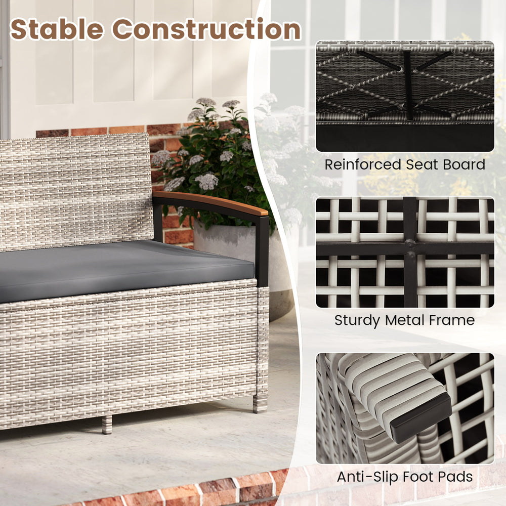 Outdoor storage bench with gray cushion, sturdy metal frame, and anti-slip foot pads, perfect for patio or garden use.