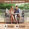 Outdoor storage bench with gray PE rattan, cushion, and acacia wood armrests, seating 2 people for patio relaxation.