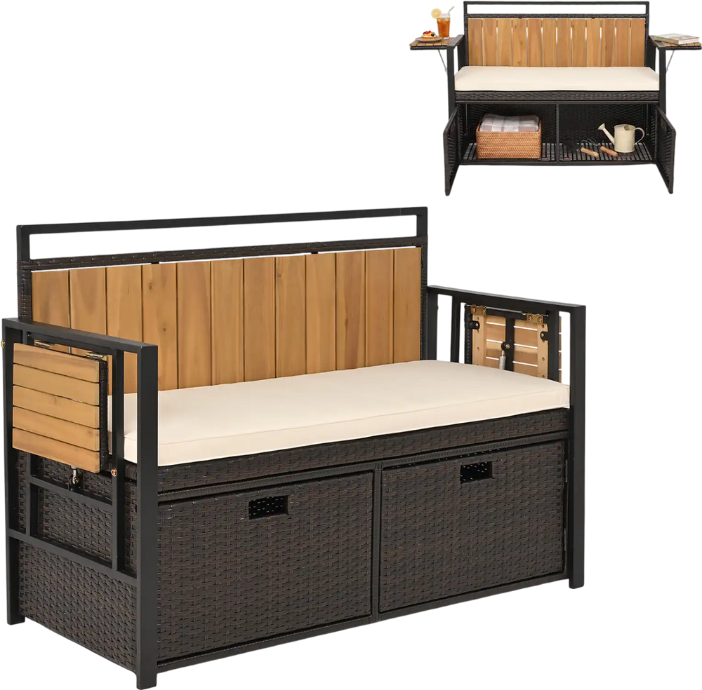 Outdoor Storage Bench with 2 Side Tables and 2-Seater Bench Seat