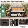 Under-seat storage space of the outdoor storage bench with PE rattan, featuring cut-out handles and magnetic door.
