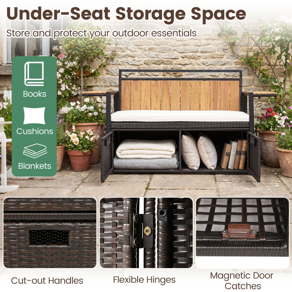 Under-seat storage space of the outdoor storage bench with PE rattan, featuring cut-out handles and magnetic door.