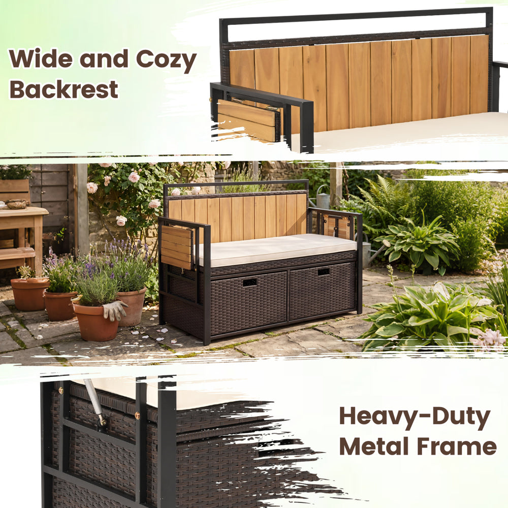 Outdoor storage bench with acacia wood backrest, PE rattan, and soft cushions, perfect for cozy outdoor lounging.
