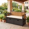 Outdoor storage bench with acacia wood backrest, PE rattan, and soft cushion, perfect for cozy outdoor lounging.