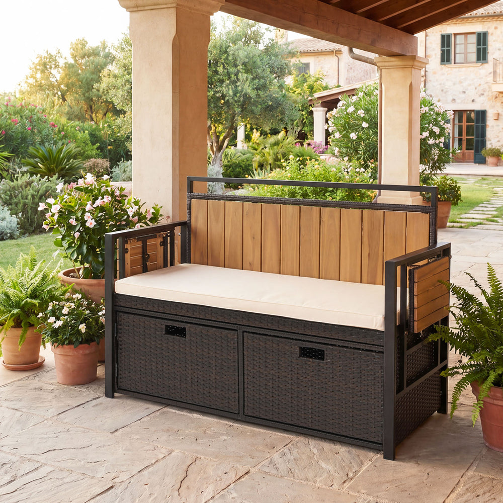 Outdoor storage bench with acacia wood backrest, PE rattan, and soft cushion, perfect for cozy outdoor lounging.