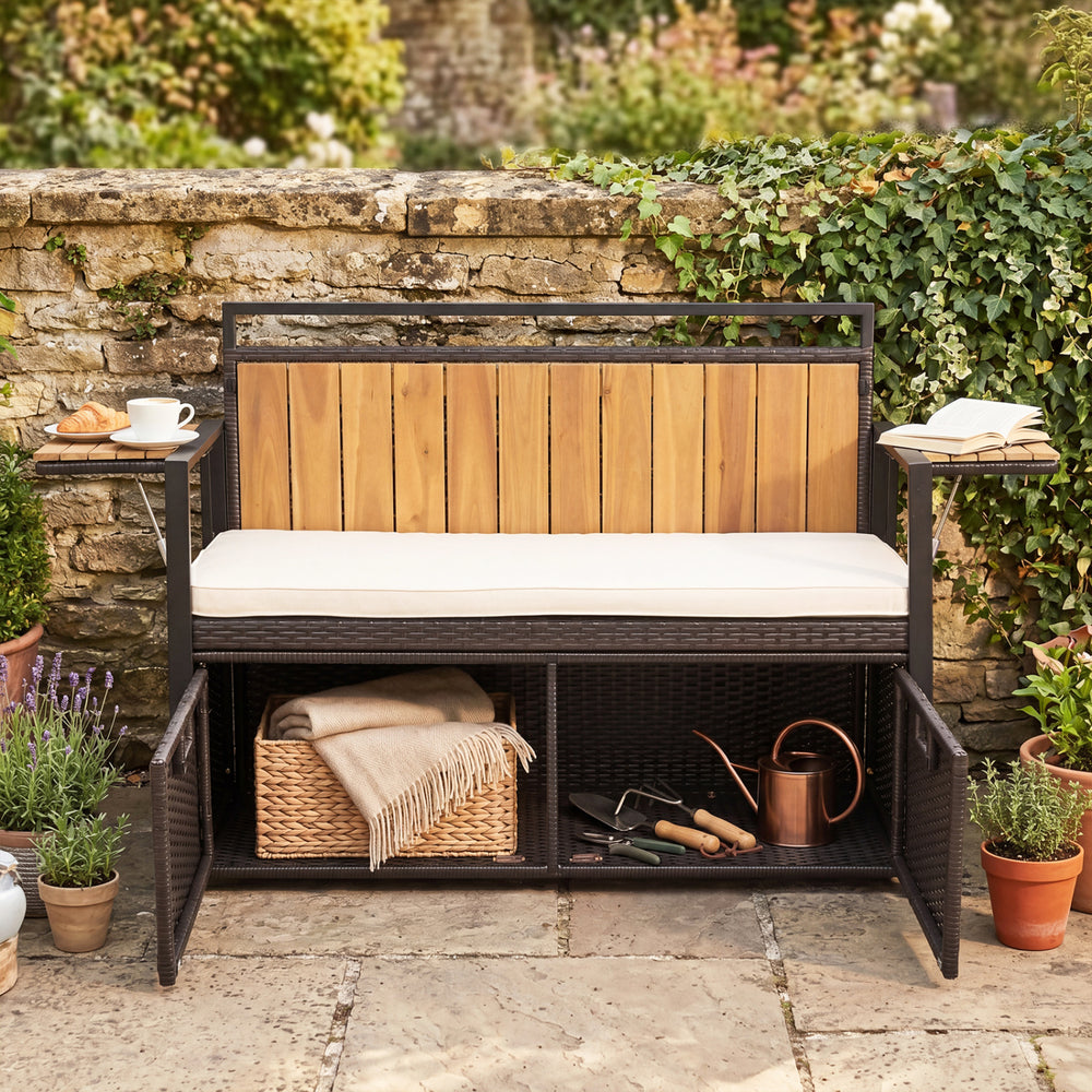 Outdoor storage bench with acacia wood backrest, PE rattan, and side tables, ideal for garden relaxation and tool.