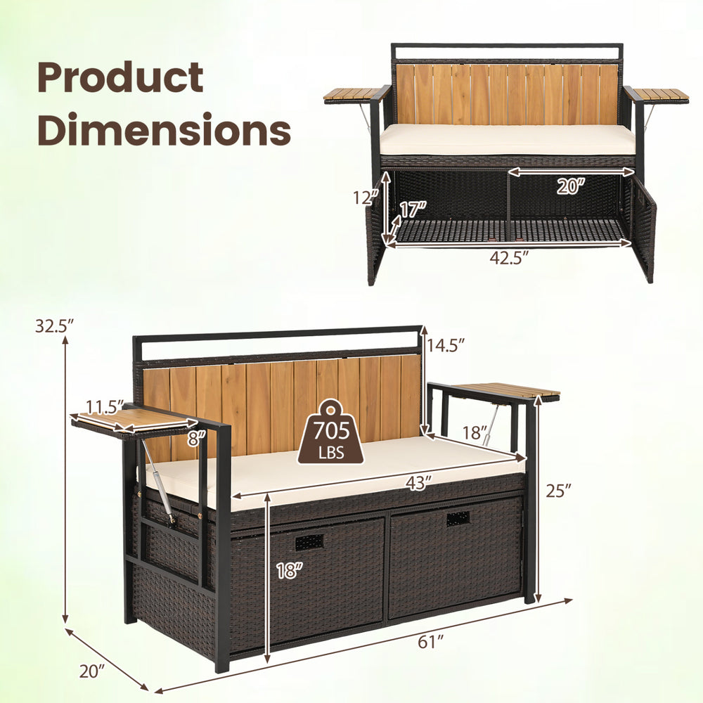 Outdoor storage bench with dimensions, featuring acacia wood backrest, PE rattan, and space-saving side tables.