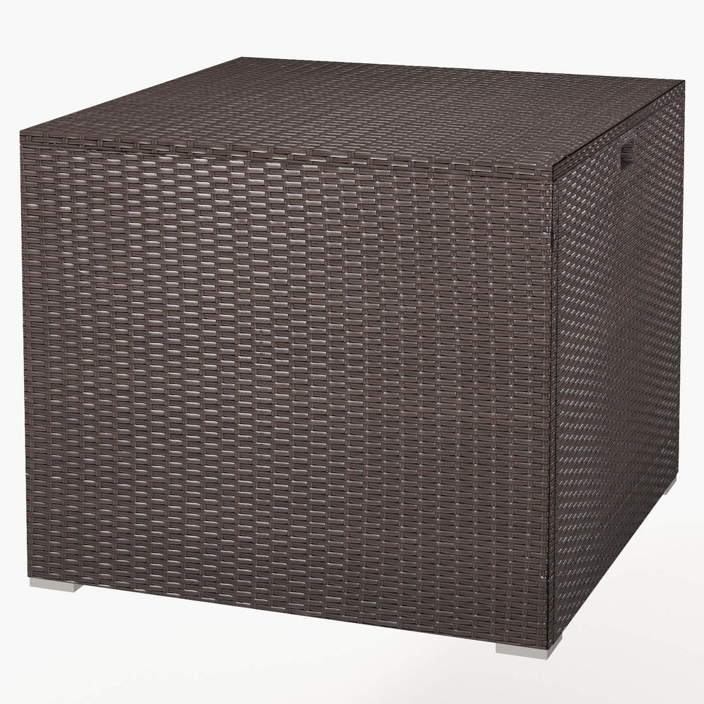 Square 72-gallon outdoor storage box in brown PE rattan, doubles as a coffee table, ideal for patio or backyard use.