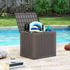 Brown outdoor storage box with wicker-woven texture, 25-gallon capacity, perfect for cushions and pool supplies.