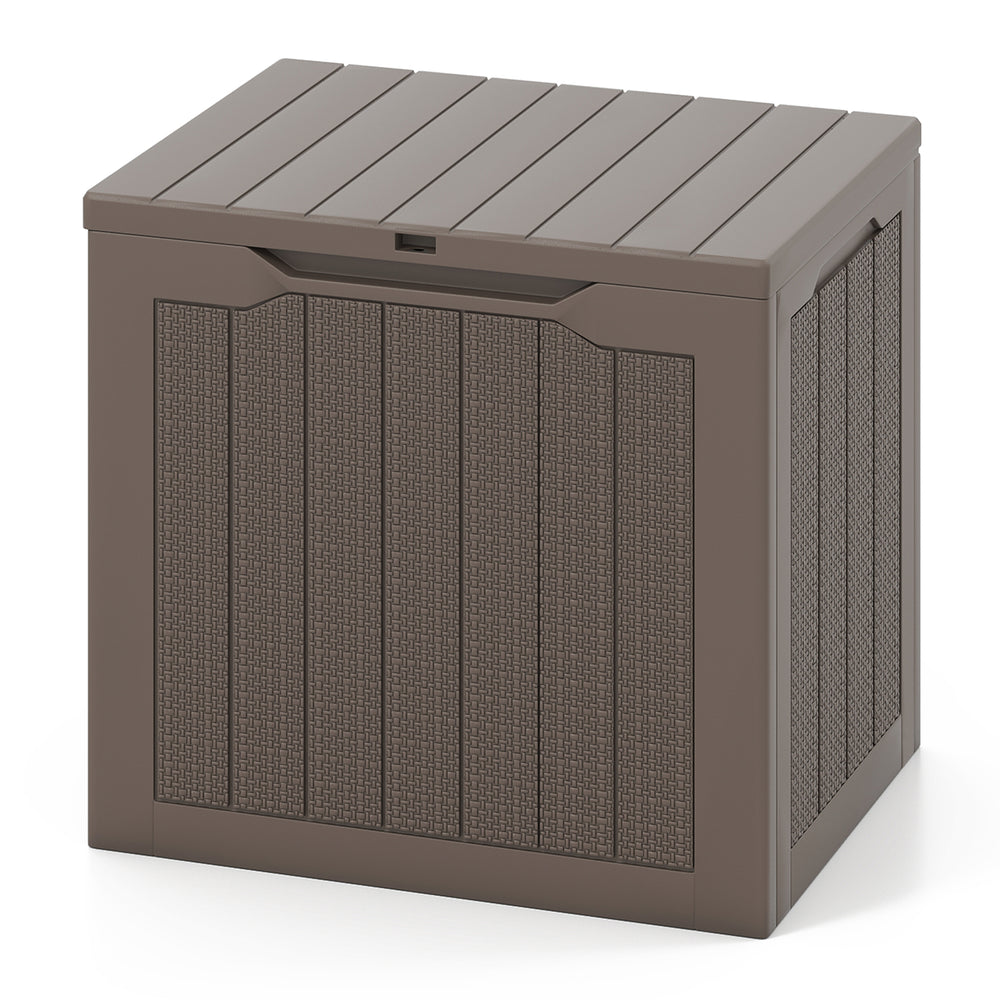 Brown outdoor storage box with wicker-woven texture, 25-gallon capacity, lockable lid, ideal for cushions and tools.