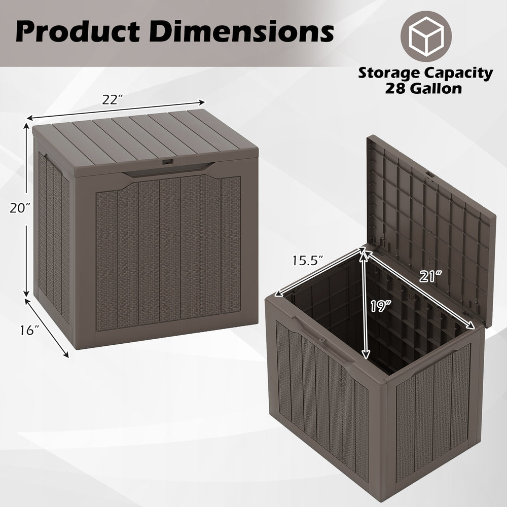 Outdoor storage box with lockable lid, 28-gallon capacity, wicker-woven texture, ideal for cushions and tools.