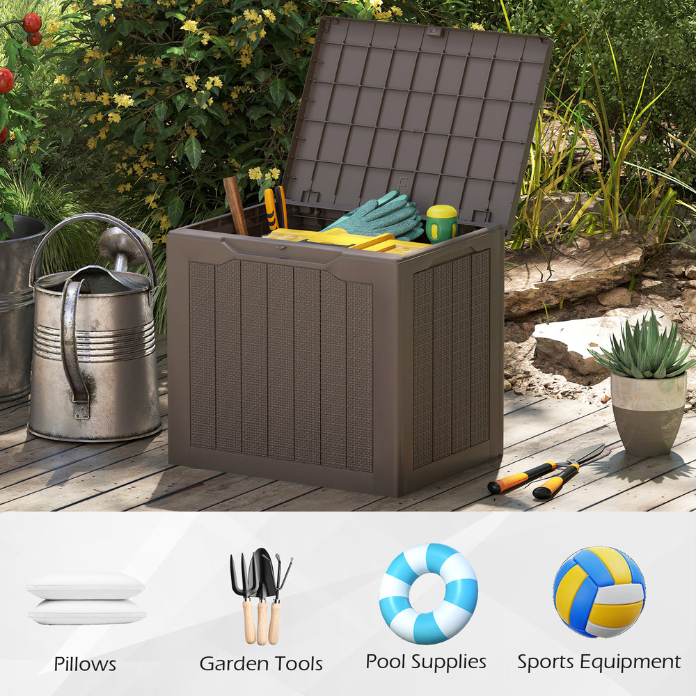Brown outdoor storage box with wicker-woven texture, perfect for storing cushions, tools, and pool supplies on the deck.