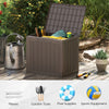 Brown outdoor storage box with wicker-woven texture, perfect for storing cushions, tools, and pool supplies on the deck.