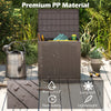 Outdoor storage box with wicker-woven texture, made of waterproof PP material, perfect for cushions and gardening tools.