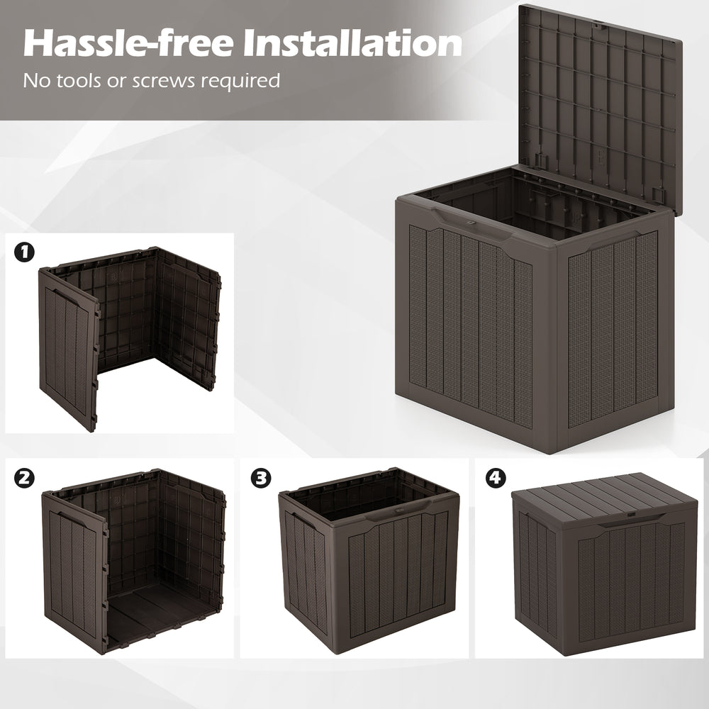 25-gallon outdoor storage box with a lockable lid, wicker-woven texture, perfect for cushions and tools.