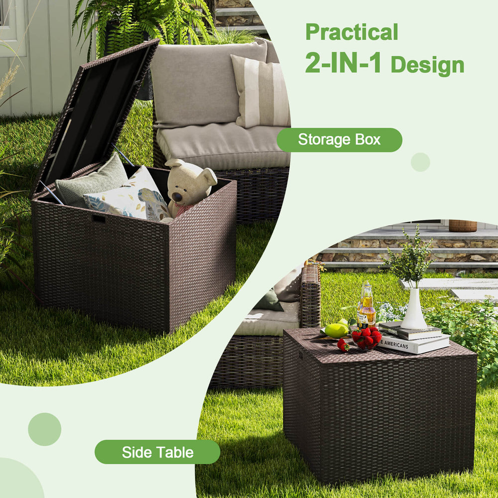 Rattan outdoor storage box with zippered liner, 72-gallon capacity, serves as a side table for patio use.