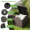 Rattan outdoor storage box with lid open, showcasing 72-gallon capacity, durable metal hinge, and zippered liner for.