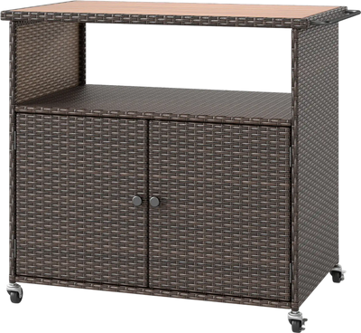 Costway Outdoor Storage Cabinet Cart Acacia Wood Top Lockable Wheels 45937991 New