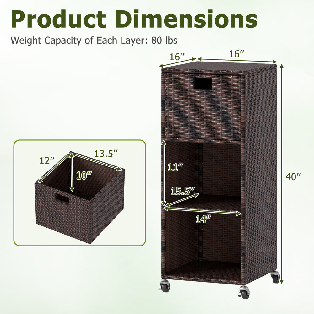 Outdoor storage cabinet with 3 shelves and drawer, made of hand-woven PE rattan, ideal for backyard organization.