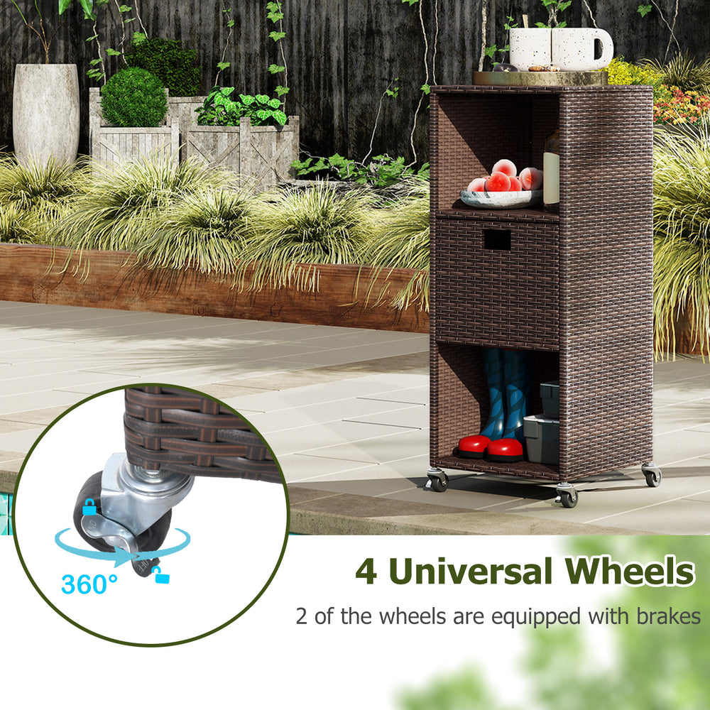 Outdoor storage cabinet with 3 shelves and drawer, made of hand-woven PE rattan, featuring 4 universal wheels for easy.