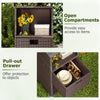 Outdoor storage cabinet featuring open compartments and a pull-out drawer, made of hand-woven PE rattan for backyard.