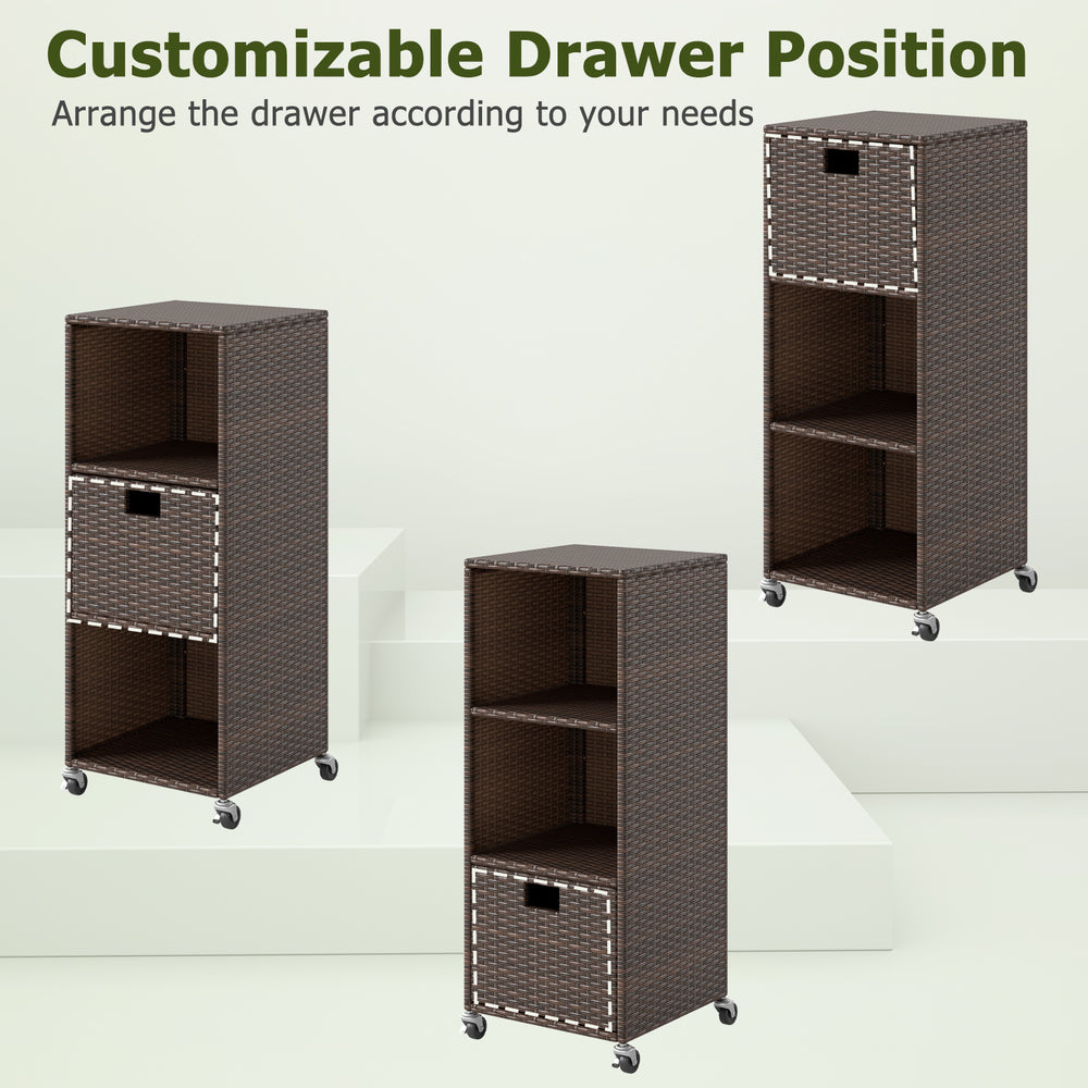 Outdoor storage cabinet featuring customizable drawer position, hand-woven PE rattan, and three shelves for backyard.