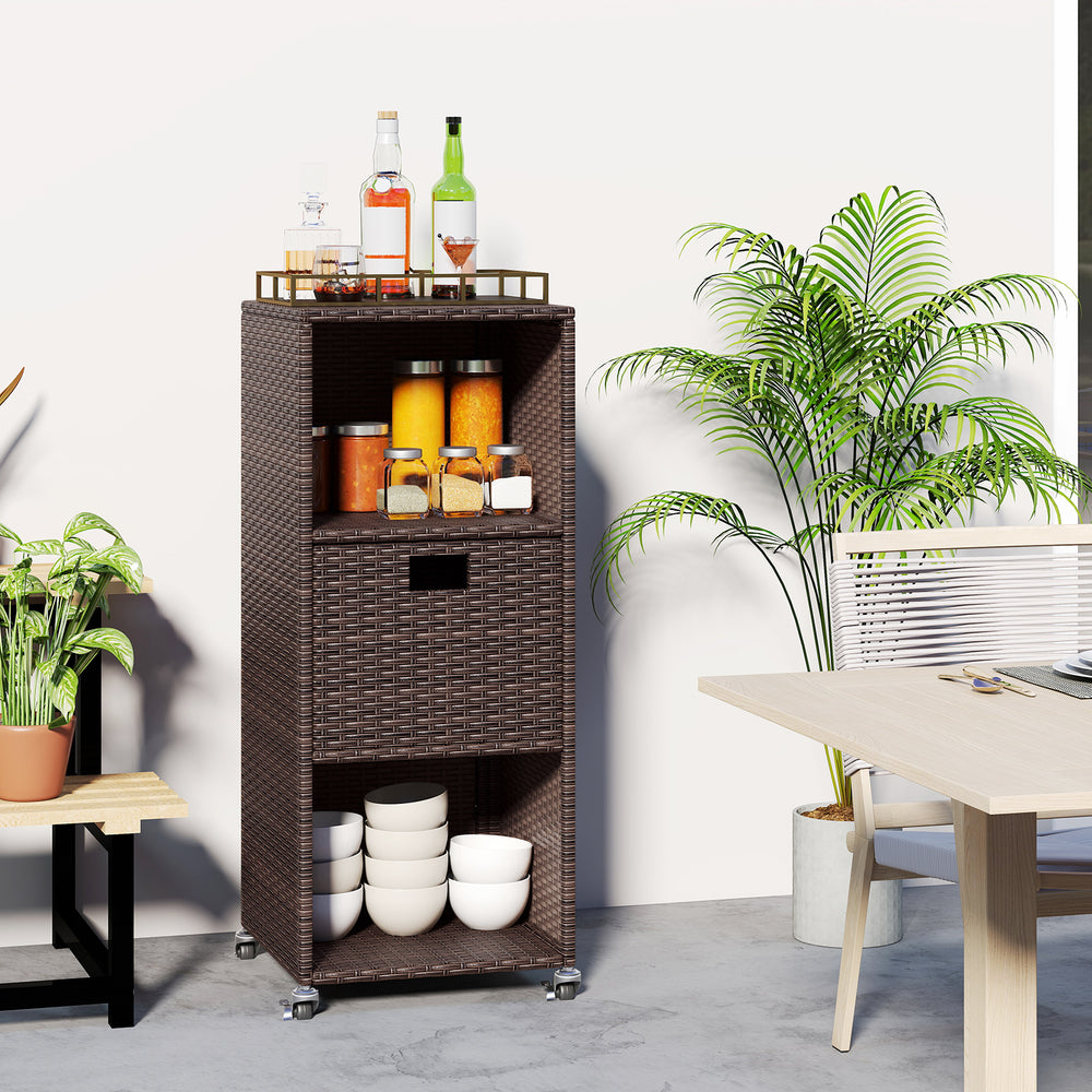 Outdoor storage cabinet with a countertop and removable drawer, crafted from hand-woven PE rattan, perfect for porch.
