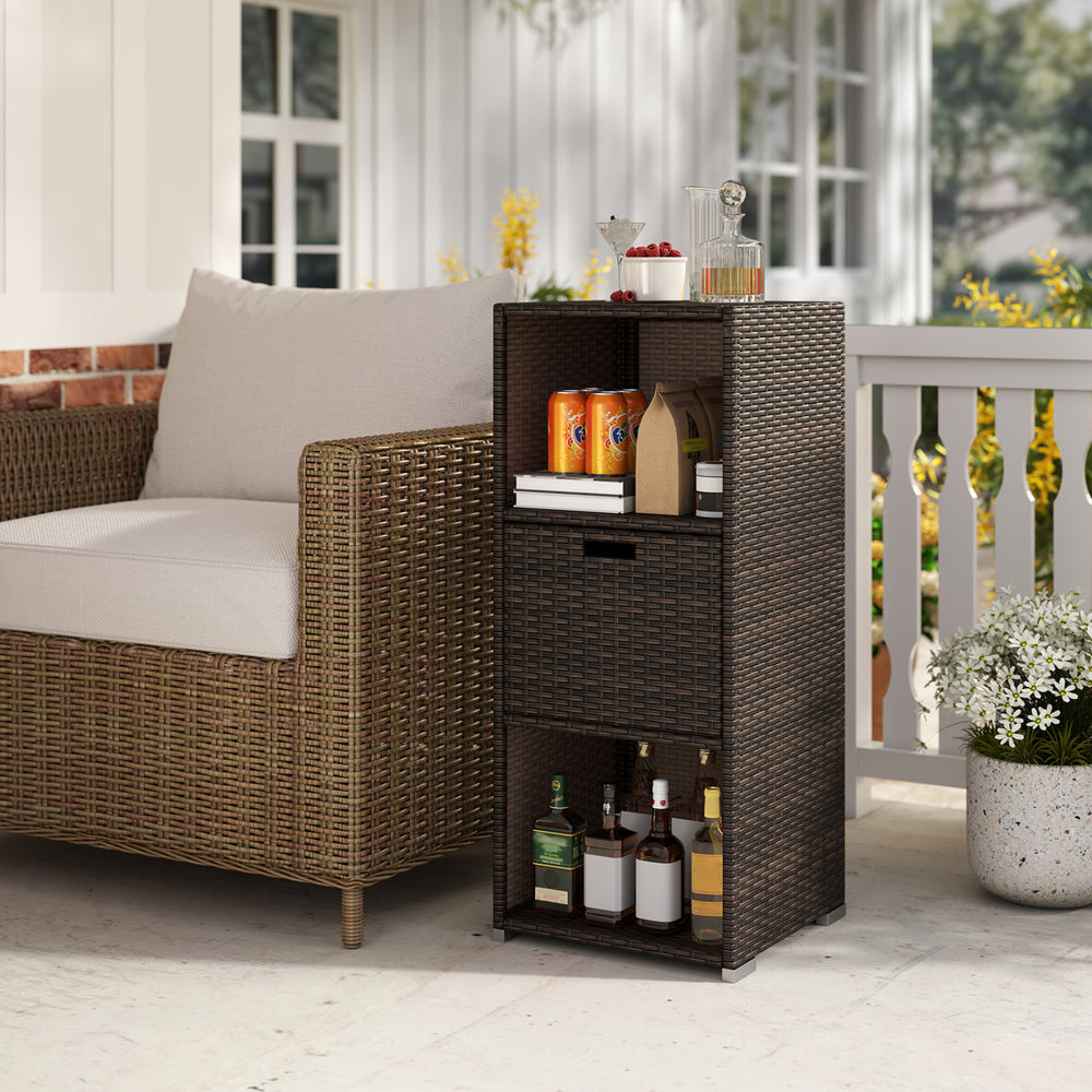 Outdoor Storage Cabinet Patio Wicker Organizer with Drawer-Brown - Gallery View 1 of 9