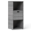 Gray outdoor storage cabinet made of hand-woven PE rattan with 3 shelves and a removable drawer for patio organization.