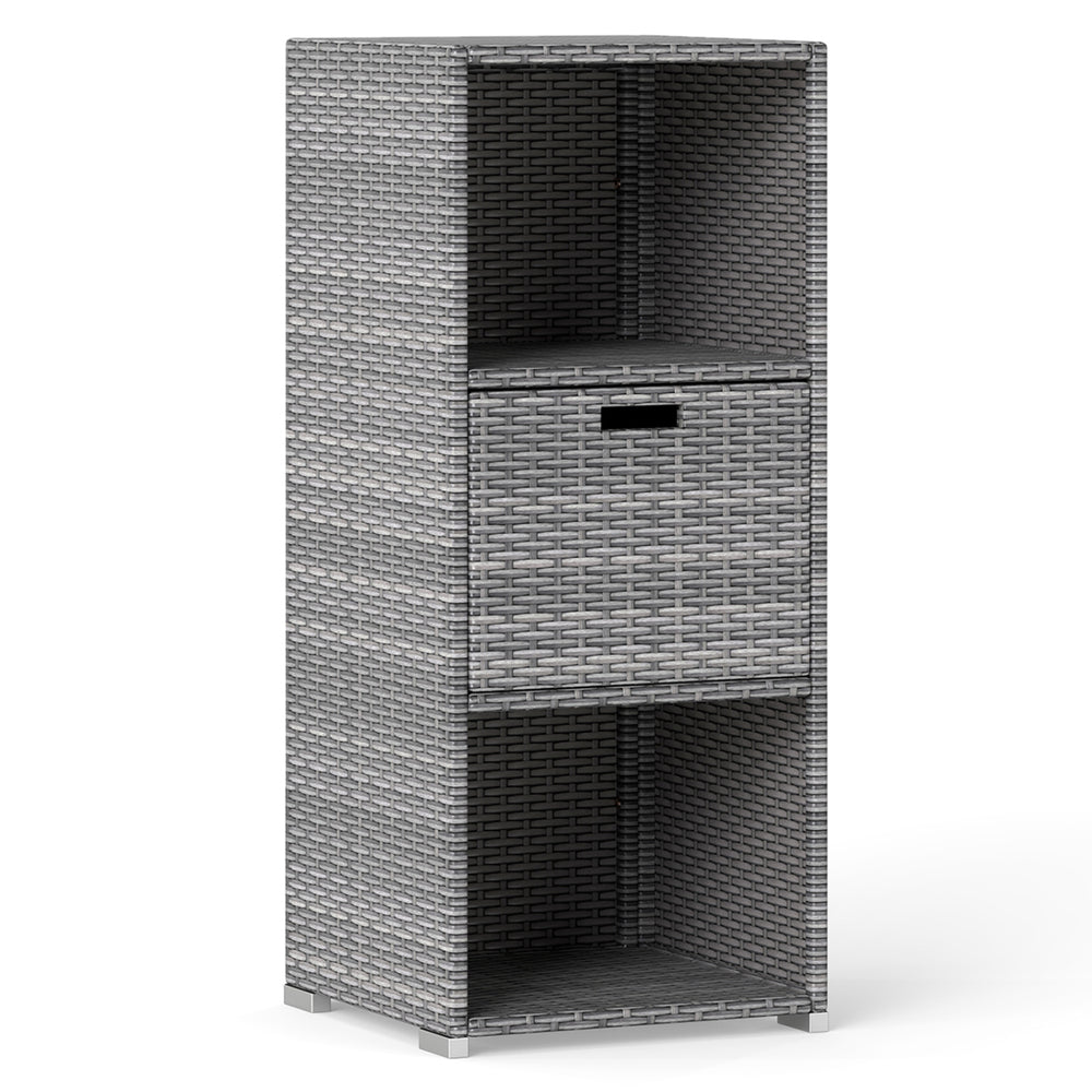 Gray outdoor storage cabinet made of hand-woven PE rattan with 3 shelves and a removable drawer for patio organization.