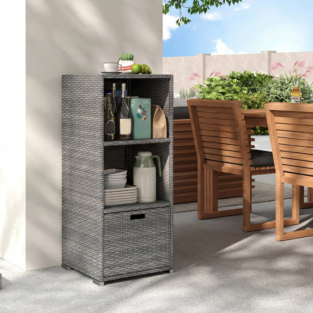 Gray outdoor storage cabinet featuring a sleek design with three shelves and a drawer, ideal for patio or poolside use.