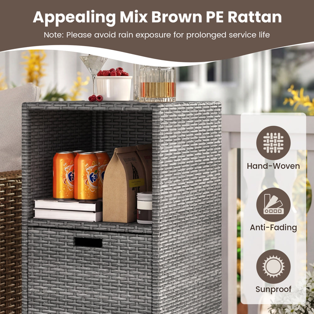 Outdoor storage cabinet in appealing mix brown PE rattan with drawer, perfect for organizing items on patio or porch.