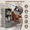 Outdoor storage cabinet in gray wicker with removable drawer, featuring three shelves for organizing patio essentials.
