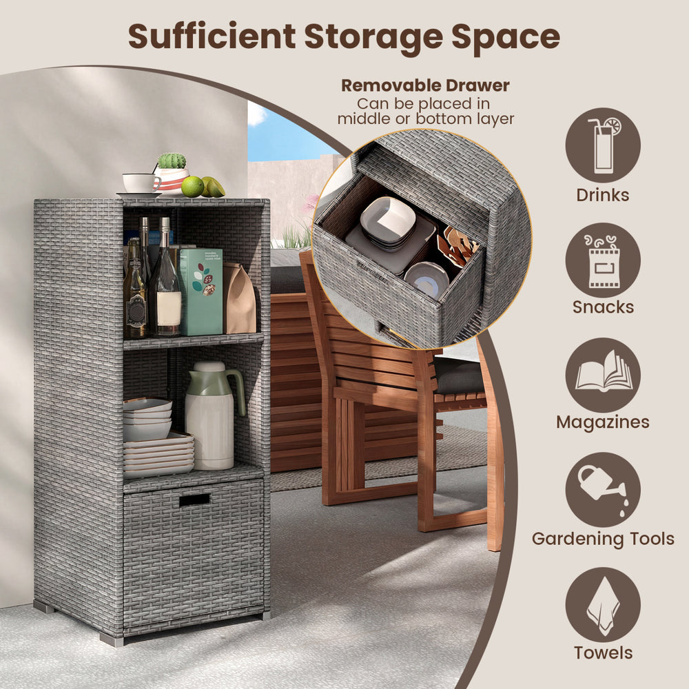 Outdoor storage cabinet in gray wicker with removable drawer, featuring three shelves for organizing patio essentials.