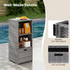 Outdoor storage cabinet in gray wicker with three shelves, countertop, and removable drawer for organized patio use.