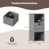 Gray outdoor storage cabinet with three shelves and a removable drawer, made of hand-woven PE rattan for backyard.