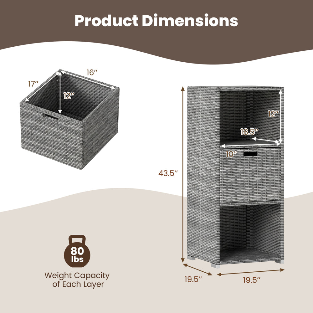 Gray outdoor storage cabinet with three shelves and a removable drawer, made of hand-woven PE rattan for backyard.