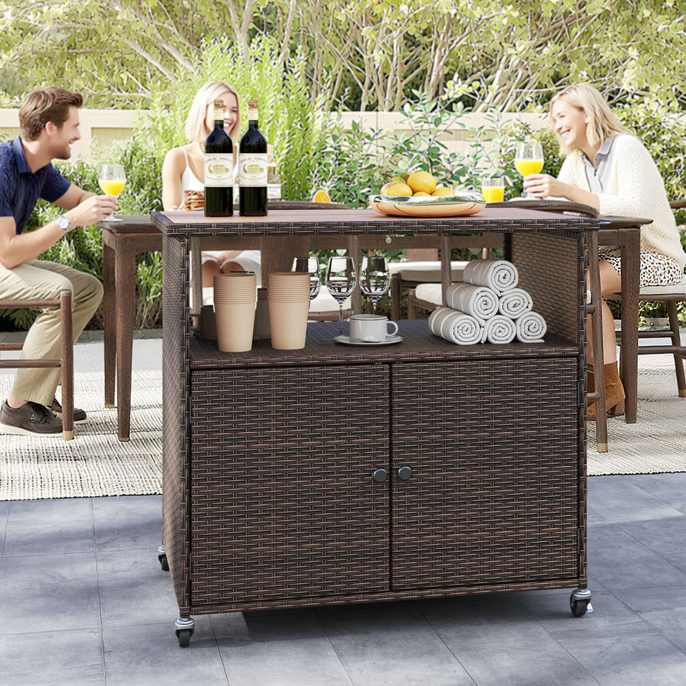 Outdoor Storage Cabinet with Acacia Wood Top and Lockable Wheels-Brown - Gallery View 1 of 10
