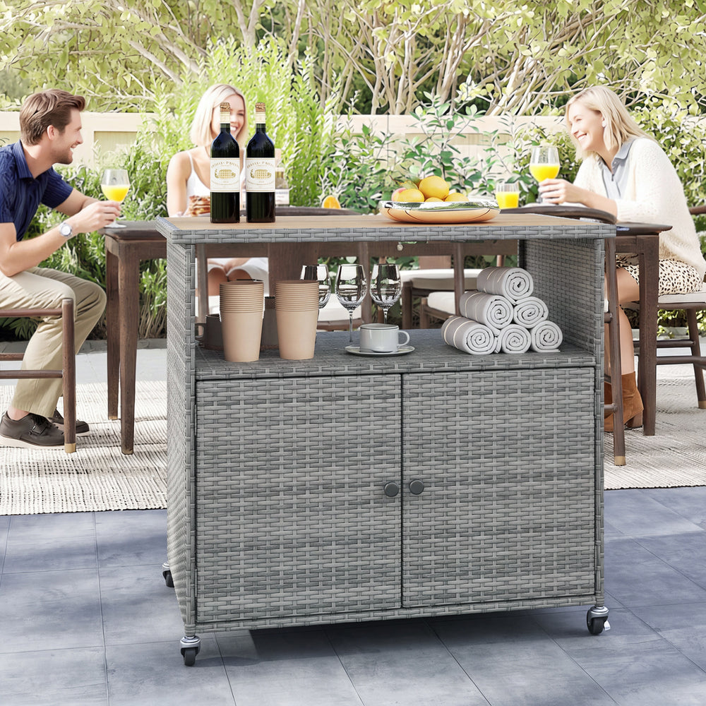 Outdoor Storage Cabinet with Acacia Wood Top and Lockable Wheels-Gray - Gallery View 1 of 10