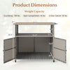 Product dimensions for the gray outdoor storage cabinet with acacia wood top, featuring a 2-door cabinet and open compartment.