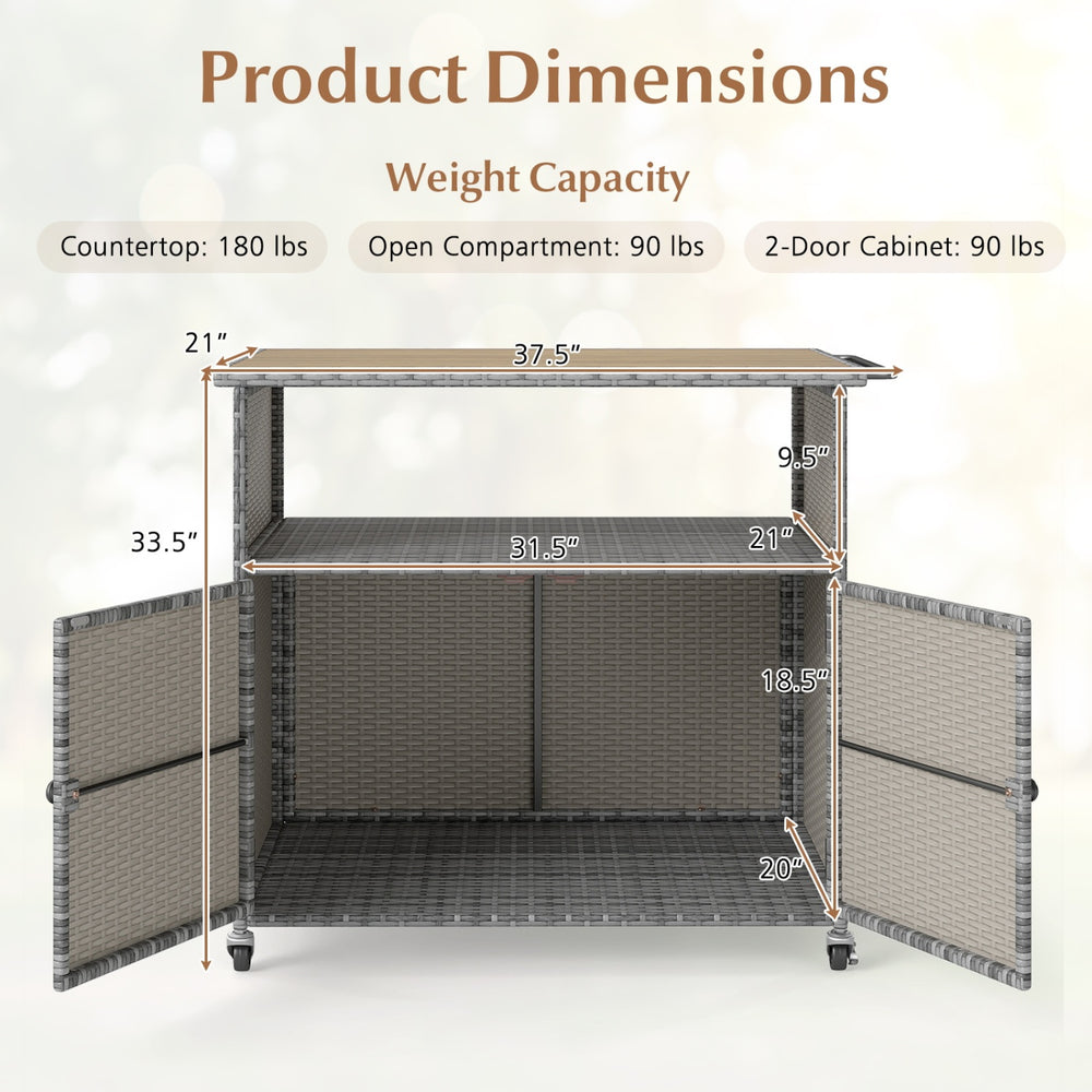 Product dimensions for the gray outdoor storage cabinet with acacia wood top, featuring a 2-door cabinet and open compartment.
