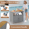 Outdoor storage cabinet with acacia wood top, lockable wheels, and hand-woven PE rattan for patio organization.